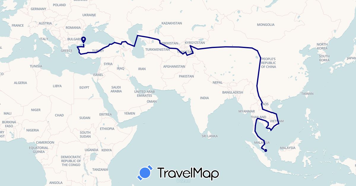 TravelMap itinerary: driving in Armenia, Azerbaijan, China, Georgia, Kyrgyzstan, Cambodia, Kazakhstan, Laos, Malaysia, Singapore, Thailand, Tajikistan, Turkey, Uzbekistan, Vietnam (Asia)