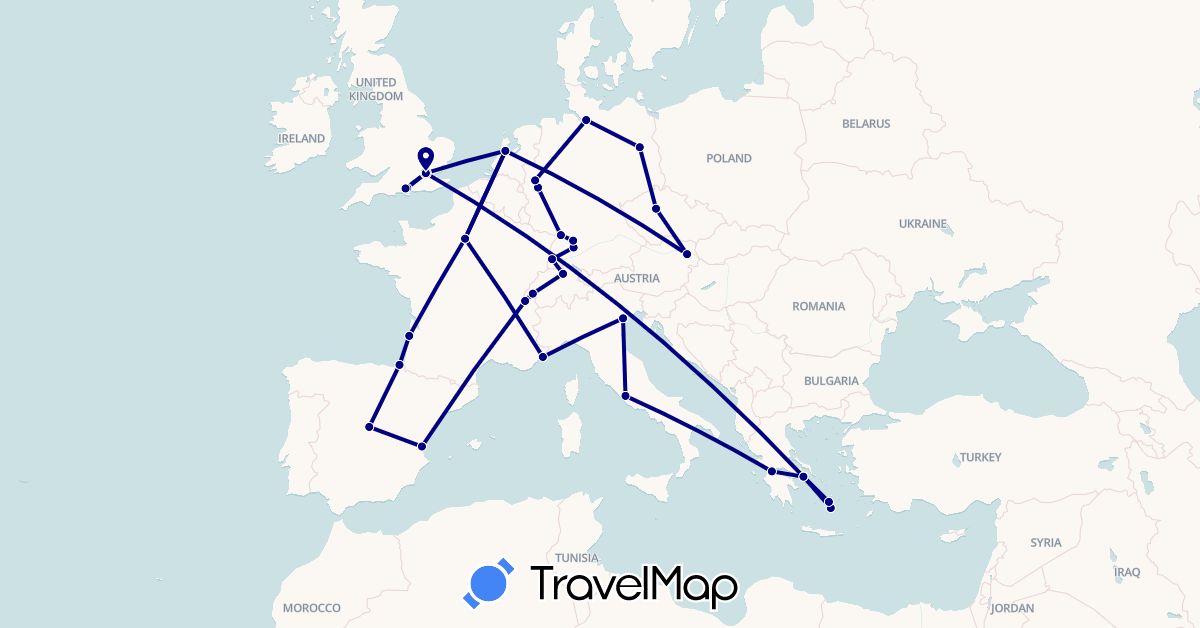 TravelMap itinerary: driving in Austria, Switzerland, Czech Republic, Germany, Spain, France, United Kingdom, Greece, Italy, Netherlands (Europe)